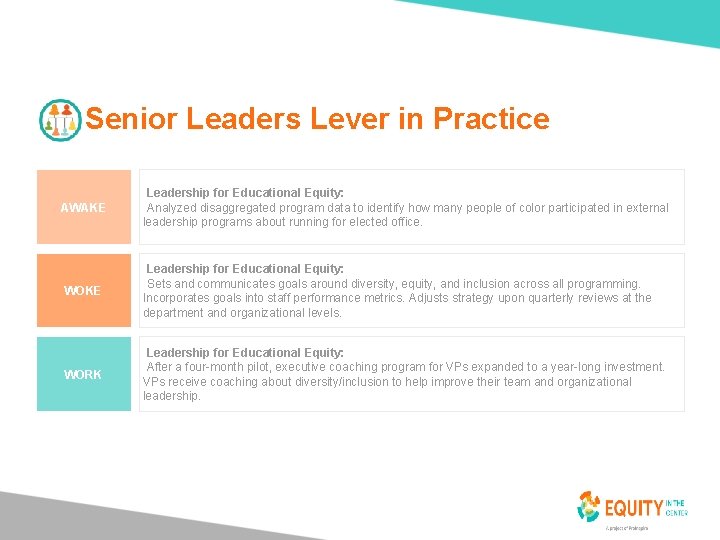 Senior Leaders Lever in Practice AWAKE 23 Leadership for Educational Equity: Analyzed disaggregated program