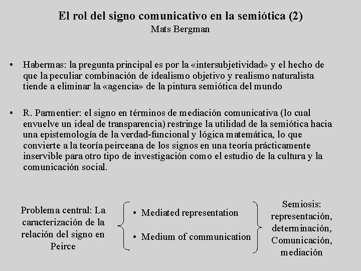El rol del signo comunicativo en la semiótica (2) Mats Bergman • Habermas: la