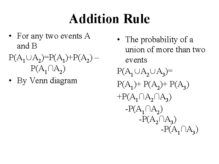 Addition Rule • For any two events A and B P(A 1∪A 2)=P(A 1)+P(A