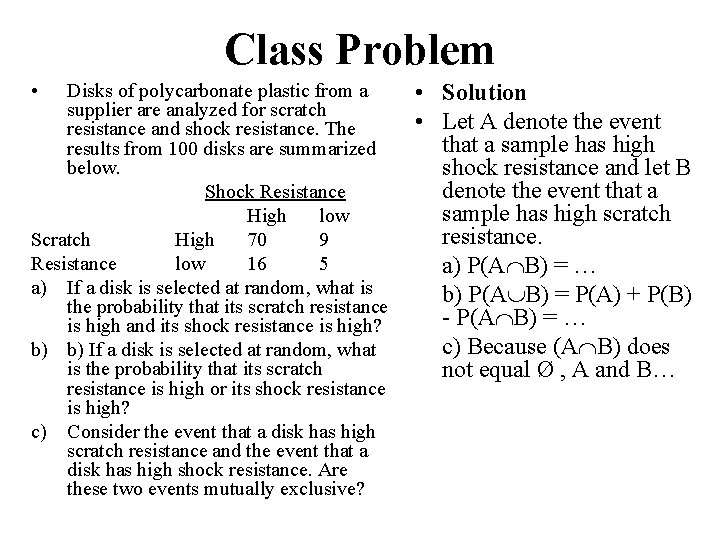 Class Problem • Disks of polycarbonate plastic from a supplier are analyzed for scratch