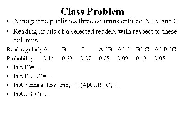 Class Problem • A magazine publishes three columns entitled A, B, and C •