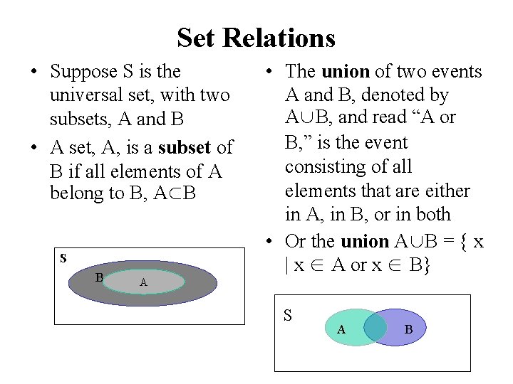 Set Relations • Suppose S is the universal set, with two subsets, A and