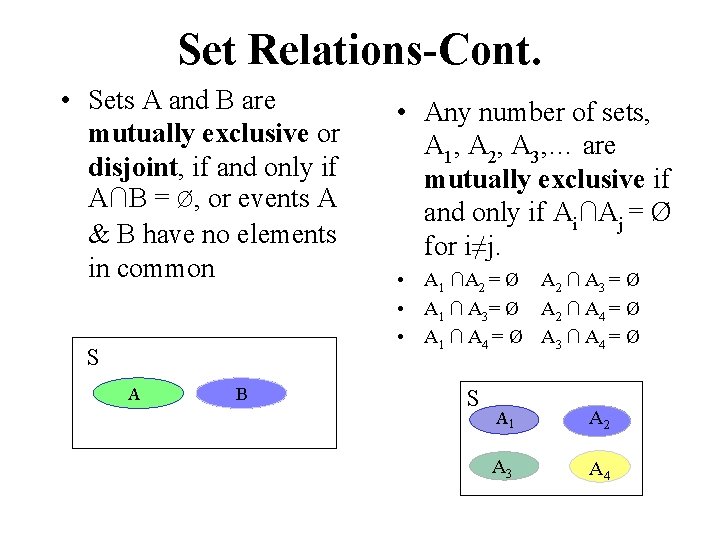 Set Relations-Cont. • Sets A and B are mutually exclusive or disjoint, if and