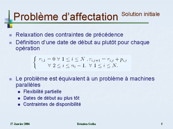 Problème d’affectation n Solution initiale Relaxation des contraintes de précédence Définition d’une date de