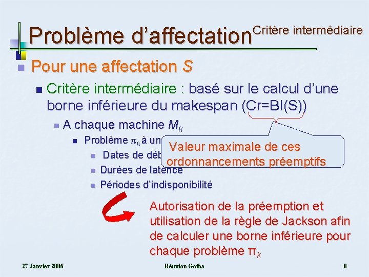 Problème d’affectation Critère intermédiaire n Pour une affectation S n Critère intermédiaire : basé