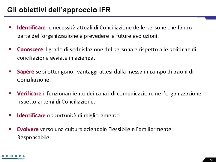 Gli obiettivi dell’approccio IFR § Identificare le necessità attuali di Conciliazione delle persone che