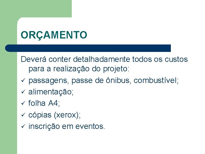 ORÇAMENTO Deverá conter detalhadamente todos os custos para a realização do projeto: ü passagens,