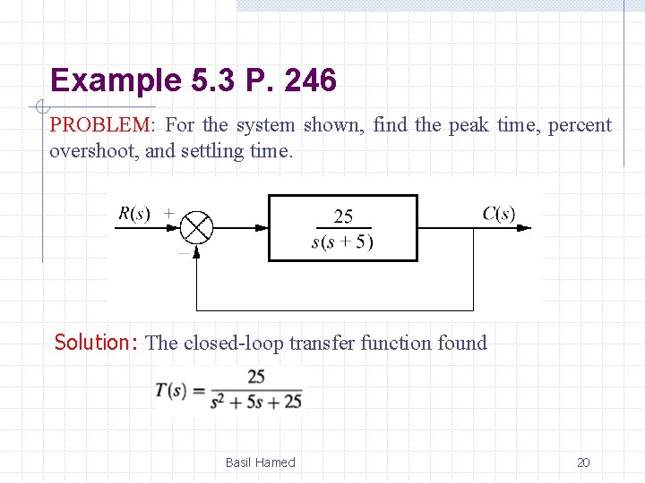 Example 5. 3 P. 246 PROBLEM: For the system shown, find the peak time, Example 5. 3 P. 246 PROBLEM: For the system shown, find the peak time,