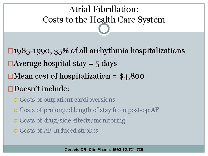 Atrial Fibrillation: Costs to the Health Care System � 1985 -1990, 35% of all