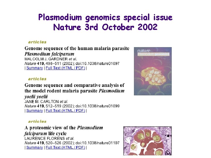 Plasmodium genomics special issue Nature 3 rd October 2002 