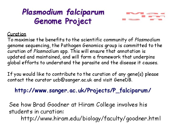 Plasmodium falciparum Genome Project Curation To maximise the benefits to the scientific community of