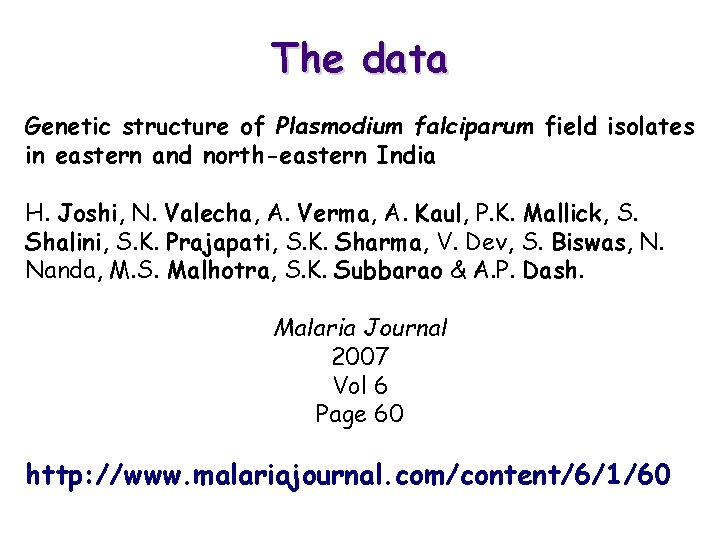 The data Genetic structure of Plasmodium falciparum field isolates in eastern and north-eastern India