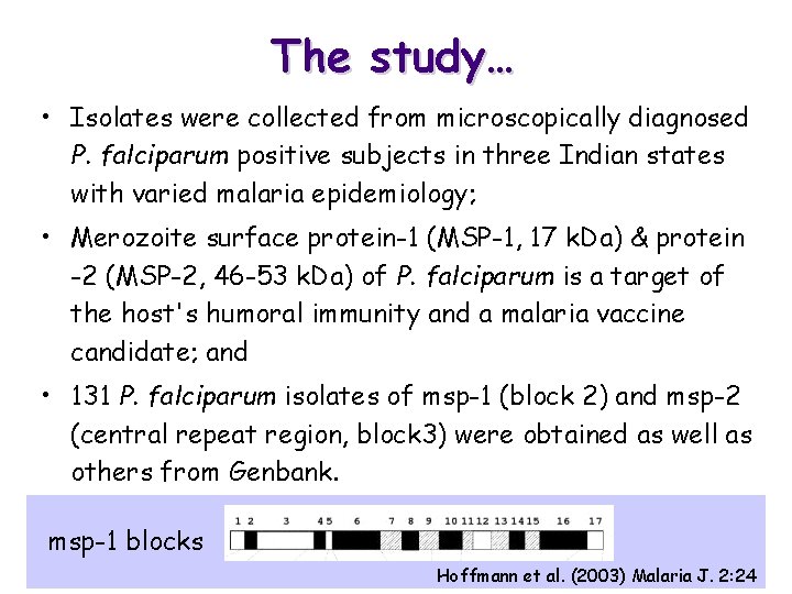 The study… • Isolates were collected from microscopically diagnosed P. falciparum positive subjects in