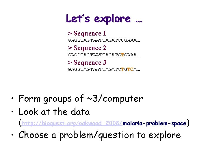 Let’s explore … > Sequence 1 GAGGTAGTAATTAGATCCGAAA… > Sequence 2 GAGGTAGTAATTAGATCTGAAA… > Sequence 3