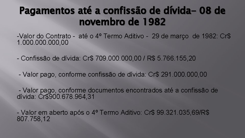 Pagamentos até a confissão de dívida- 08 de novembro de 1982 -Valor do Contrato