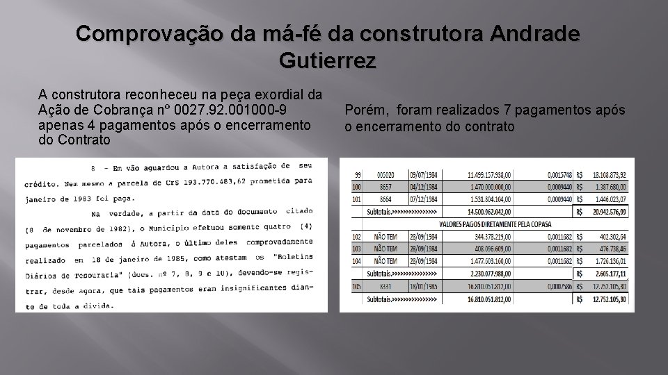 Comprovação da má-fé da construtora Andrade Gutierrez A construtora reconheceu na peça exordial da