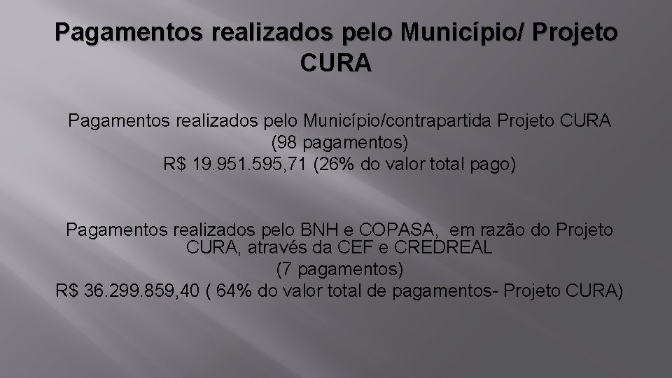 Pagamentos realizados pelo Município/ Projeto CURA Pagamentos realizados pelo Município/contrapartida Projeto CURA (98 pagamentos)