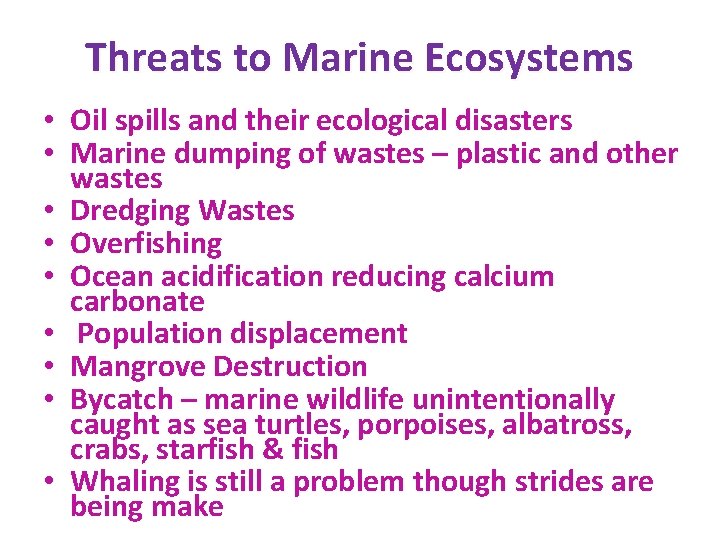 Threats to Marine Ecosystems • Oil spills and their ecological disasters • Marine dumping