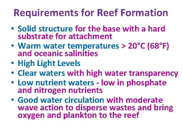 Requirements for Reef Formation • Solid structure for the base with a hard substrate Requirements for Reef Formation • Solid structure for the base with a hard substrate