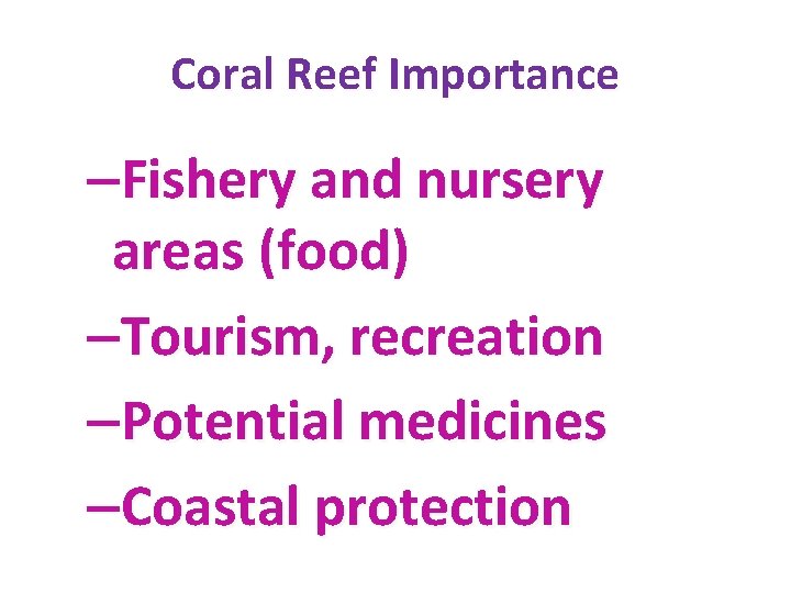 Coral Reef Importance –Fishery and nursery areas (food) –Tourism, recreation –Potential medicines –Coastal protection