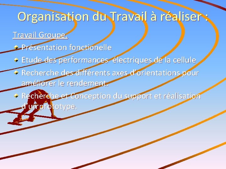 Organisation du Travail à réaliser : Travail Groupe. Présentation fonctionelle Etude des performances électriques