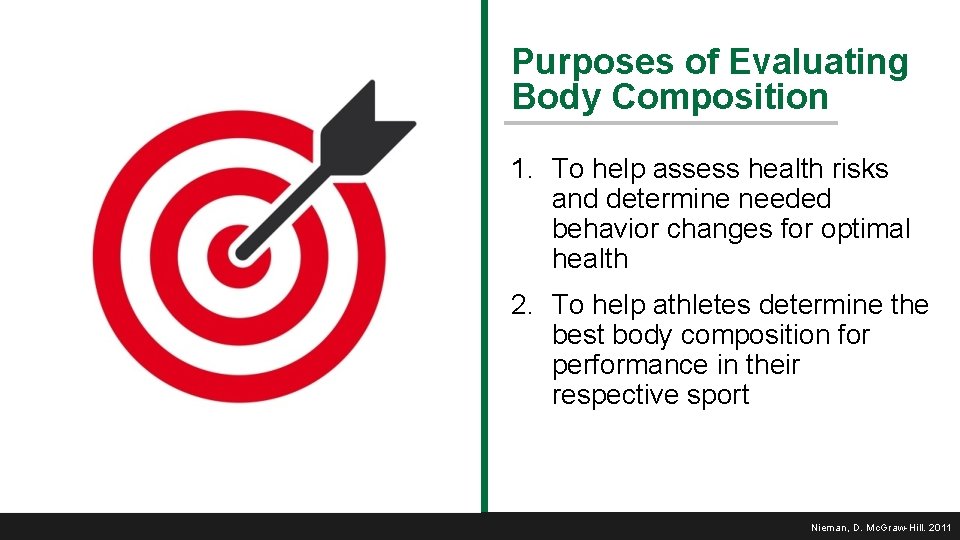 Purposes of Evaluating Body Composition 1. To help assess health risks and determine needed