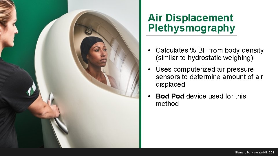 Air Displacement Plethysmography • Calculates % BF from body density (similar to hydrostatic weighing)