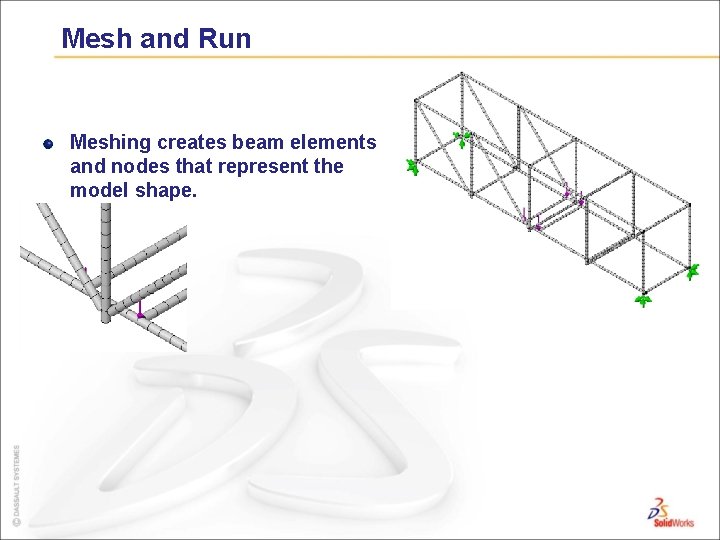 Mesh and Run Meshing creates beam elements and nodes that represent the model shape.