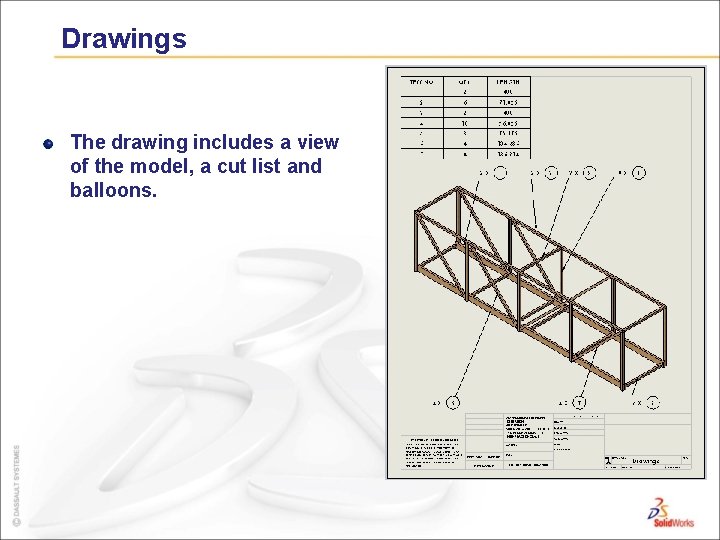 Drawings The drawing includes a view of the model, a cut list and balloons.