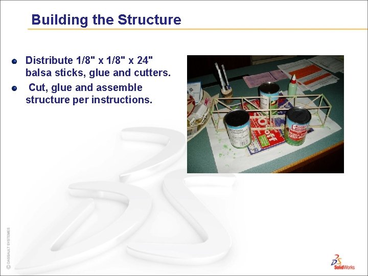 Building the Structure Distribute 1/8" x 24" balsa sticks, glue and cutters. Cut, glue