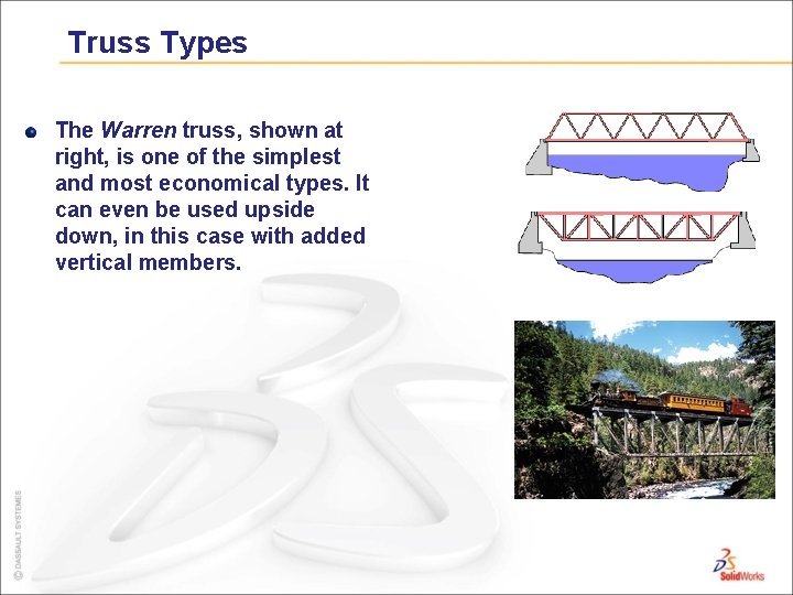 Truss Types The Warren truss, shown at right, is one of the simplest and