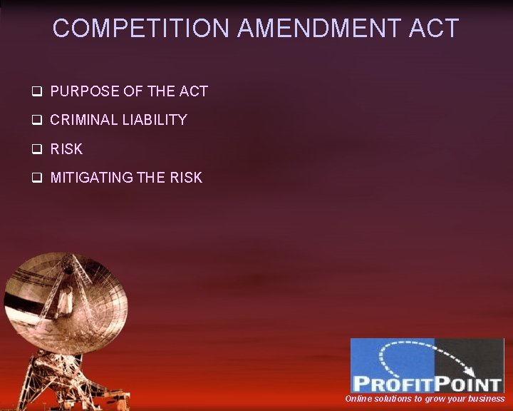 COMPETITION AMENDMENT ACT q PURPOSE OF THE ACT q CRIMINAL LIABILITY q RISK q