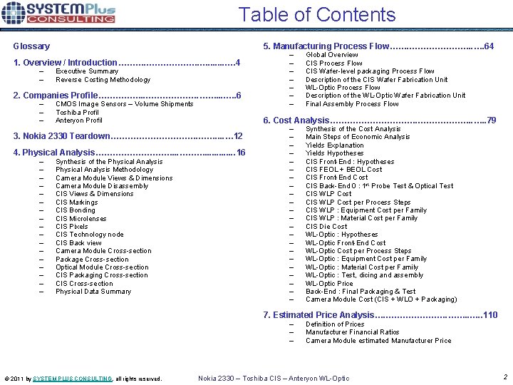 Table of Contents 5. Manufacturing Process Flow……. …………………. . …. 64 Glossary 1. Overview