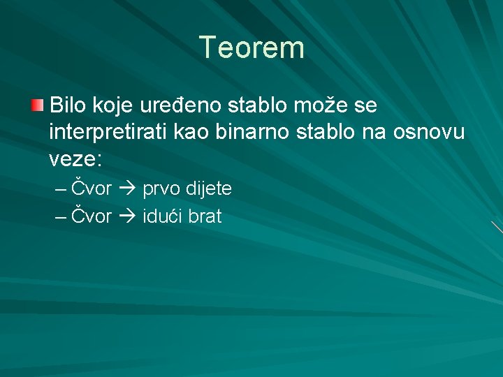 Teorem Bilo koje uređeno stablo može se interpretirati kao binarno stablo na osnovu veze: