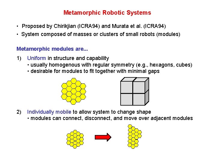 Metamorphic Robotic Systems • Proposed by Chirikjian (ICRA 94) and Murata et al. (ICRA