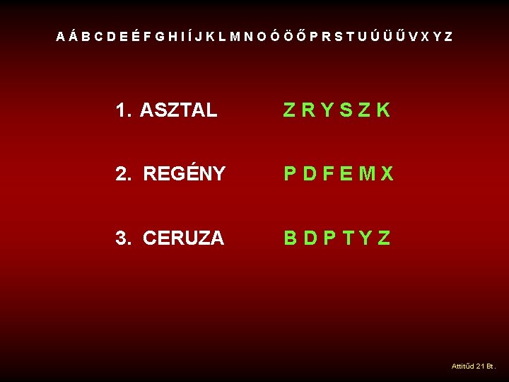 AÁBCDEÉFGHIÍJKLMNOÓÖŐPRSTUÚÜŰVXYZ 1. ASZTAL ZRYSZK 2. REGÉNY PDFEMX 3. CERUZA BDPTYZ Attitűd 21 Bt. 