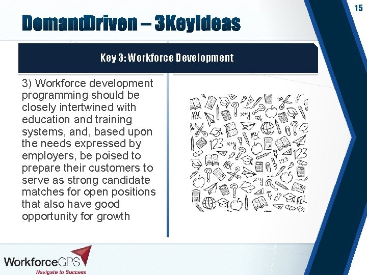 15 Key 3: Workforce Development 3) Workforce development programming should be closely intertwined with