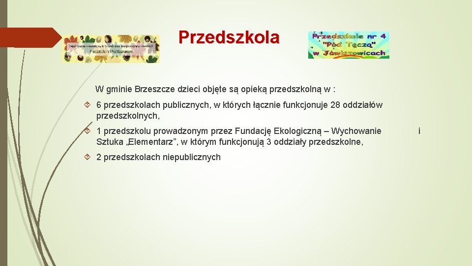 Przedszkola W gminie Brzeszcze dzieci objęte są opieką przedszkolną w : 6 przedszkolach publicznych,