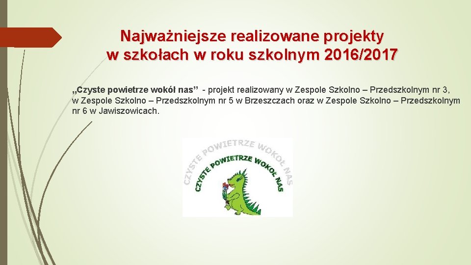 Najważniejsze realizowane projekty w szkołach w roku szkolnym 2016/2017 „Czyste powietrze wokół nas” -