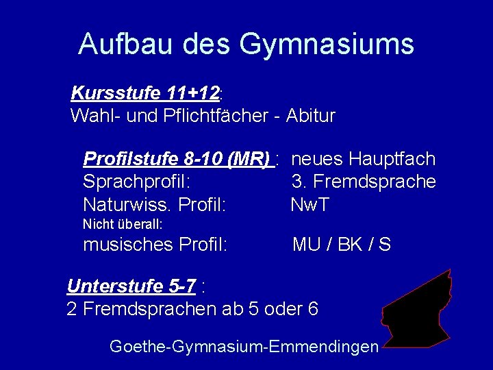 Aufbau des Gymnasiums Kursstufe 11+12: Wahl- und Pflichtfächer - Abitur Profilstufe 8 -10 (MR)