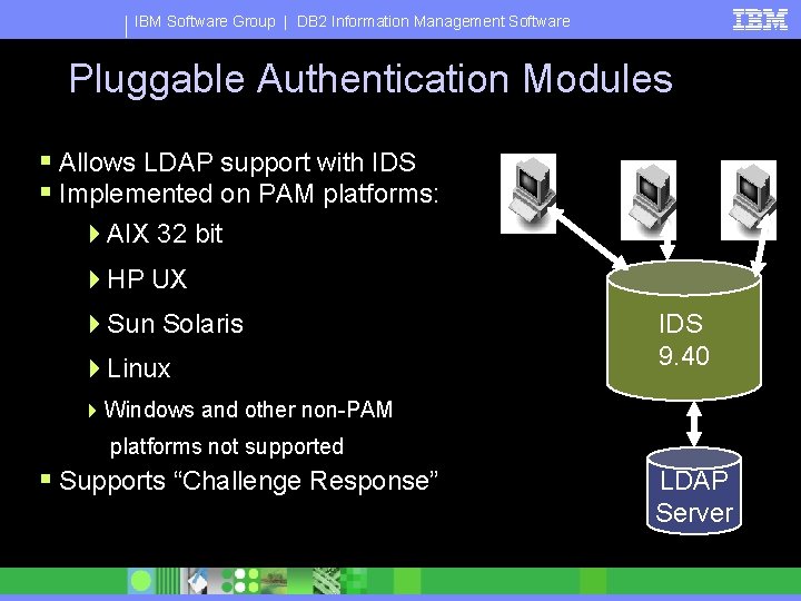 IBM Software Group | DB 2 Information Management Software Pluggable Authentication Modules § Allows