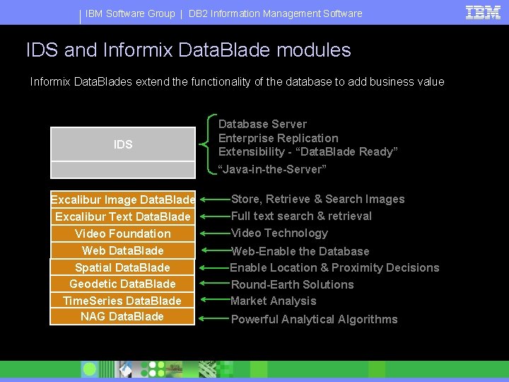 IBM Software Group | DB 2 Information Management Software IDS and Informix Data. Blade