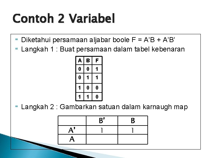 Contoh 2 Variabel Diketahui persamaan aljabar boole F = A’B + A’B’ Langkah 1