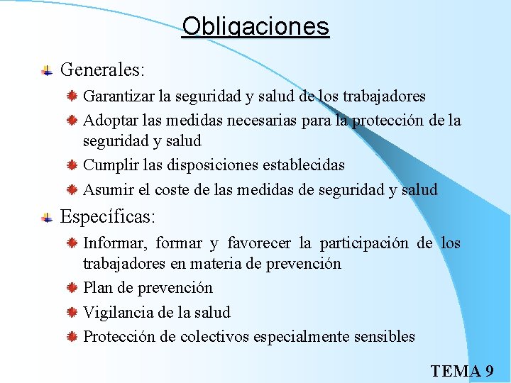 Obligaciones Generales: Garantizar la seguridad y salud de los trabajadores Adoptar las medidas necesarias