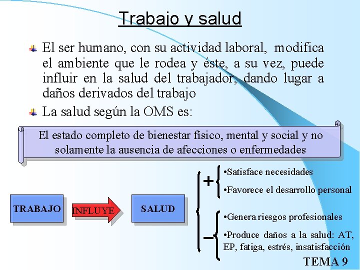 Trabajo y salud El ser humano, con su actividad laboral, modifica el ambiente que