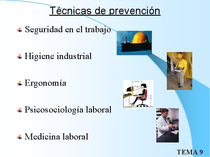 Técnicas de prevención Seguridad en el trabajo Higiene industrial Ergonomía Psicosociología laboral Medicina laboral