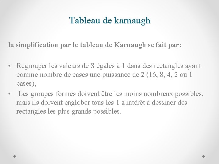 Tableau de karnaugh la simplification par le tableau de Karnaugh se fait par: •