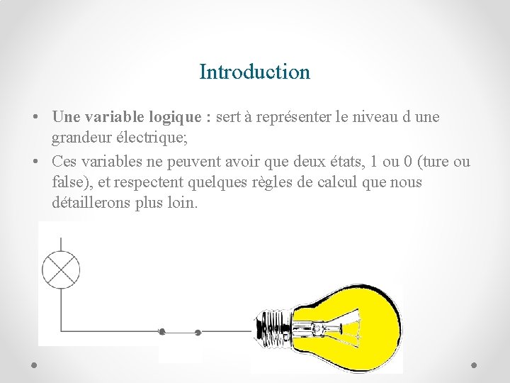 Introduction • Une variable logique : sert à représenter le niveau d une grandeur