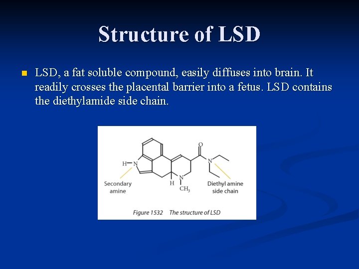 Structure of LSD n LSD, a fat soluble compound, easily diffuses into brain. It