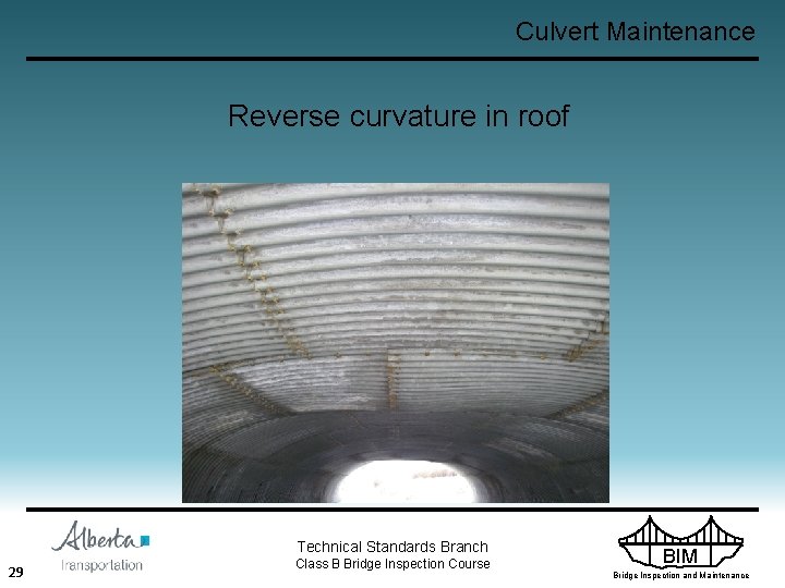 Culvert Maintenance Reverse curvature in roof Technical Standards Branch 29 Class B Bridge Inspection